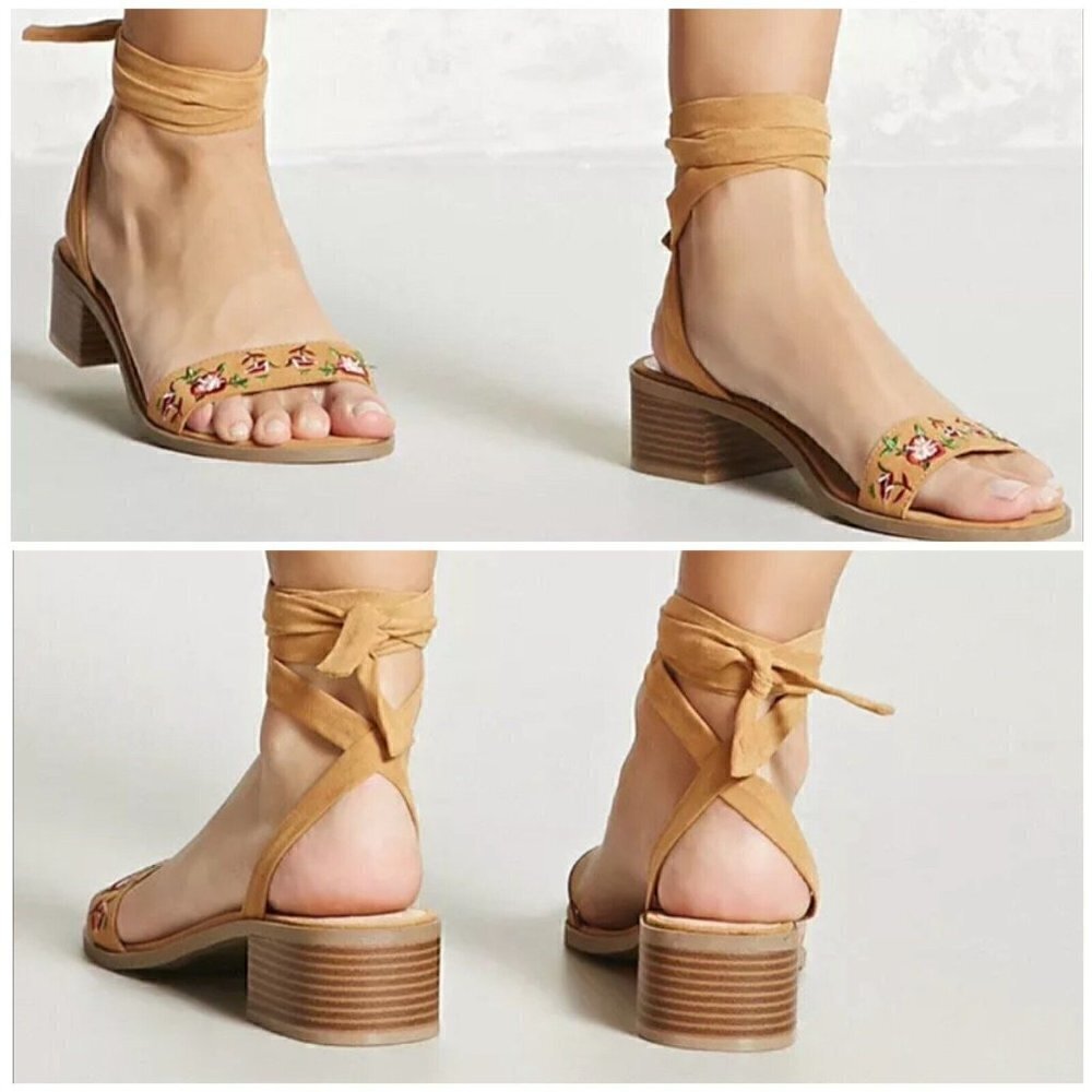 Forever 21 Sz 8.5 Floral Embroidered Faux Suede Leather Wrap Tie Lace Up Sandals